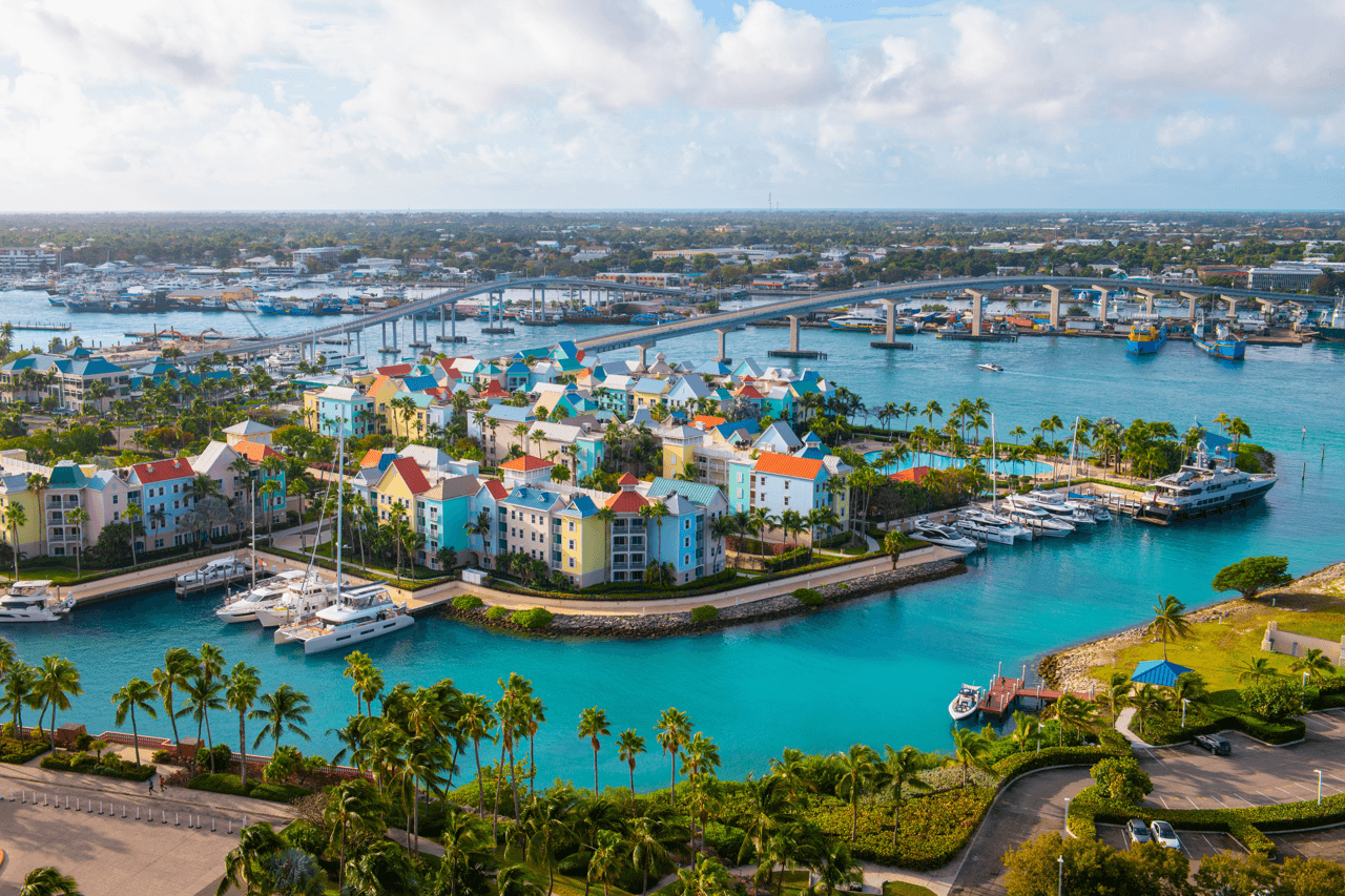 A quiet Bahamas coastline representing Pelora's island-based studio